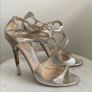 Jimmy Choo Lance Metallic Silver Strappy Heels, 37.5